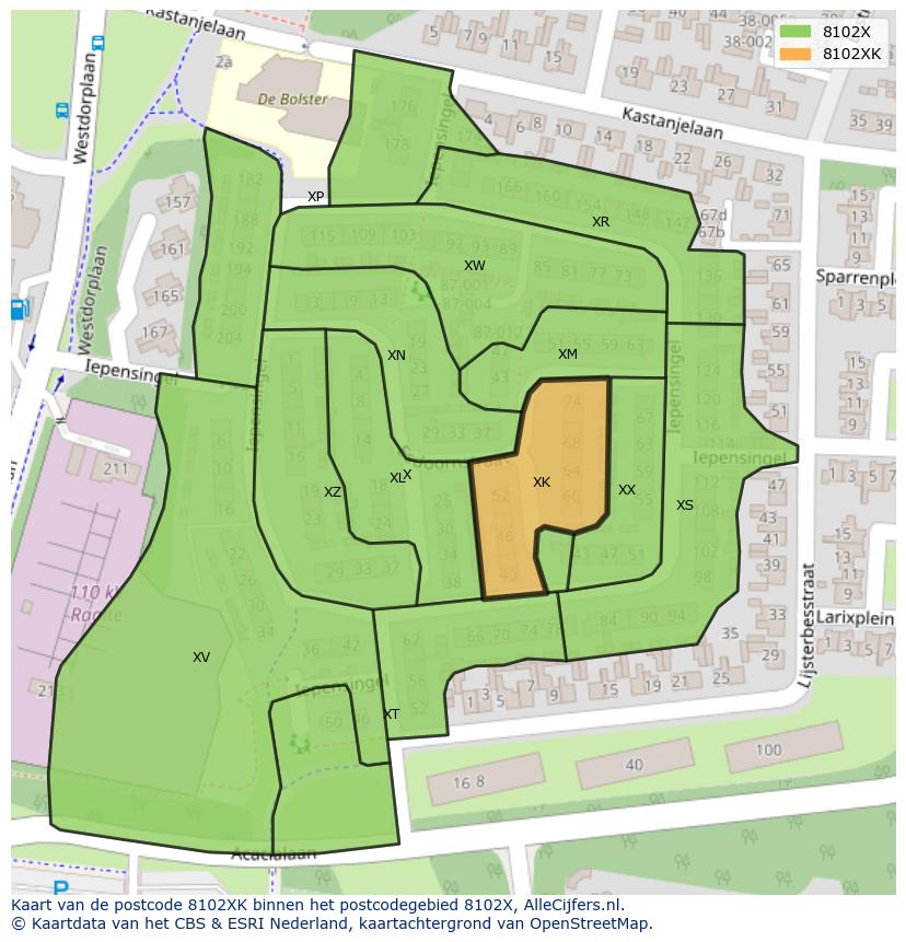 Afbeelding van het postcodegebied 8102 XK op de kaart.