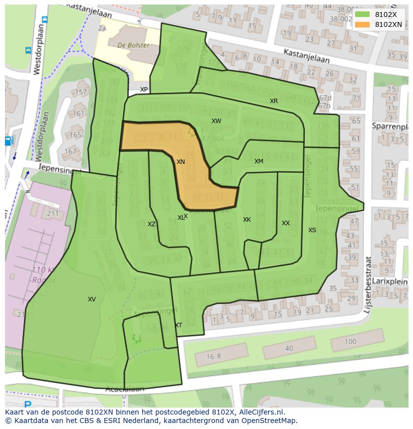 Afbeelding van het postcodegebied 8102 XN op de kaart.