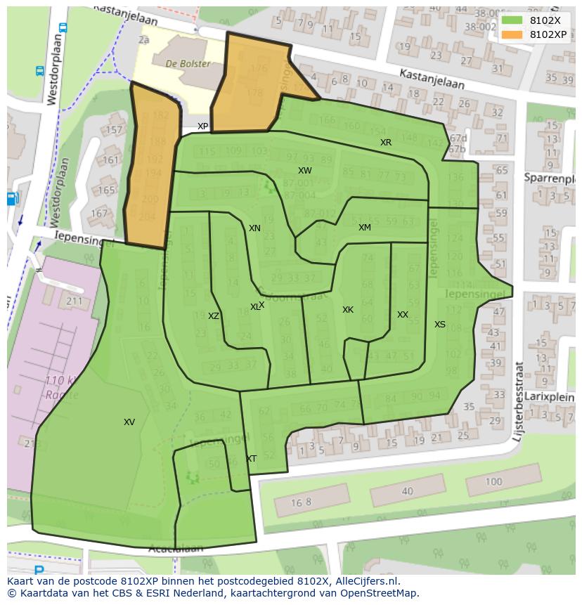 Afbeelding van het postcodegebied 8102 XP op de kaart.
