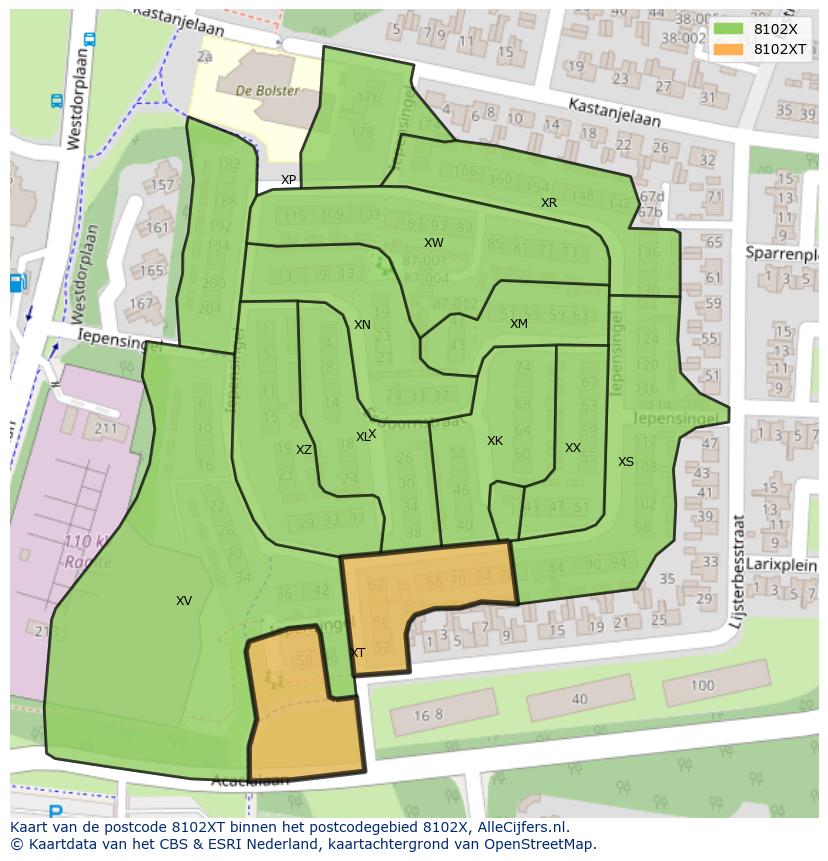 Afbeelding van het postcodegebied 8102 XT op de kaart.