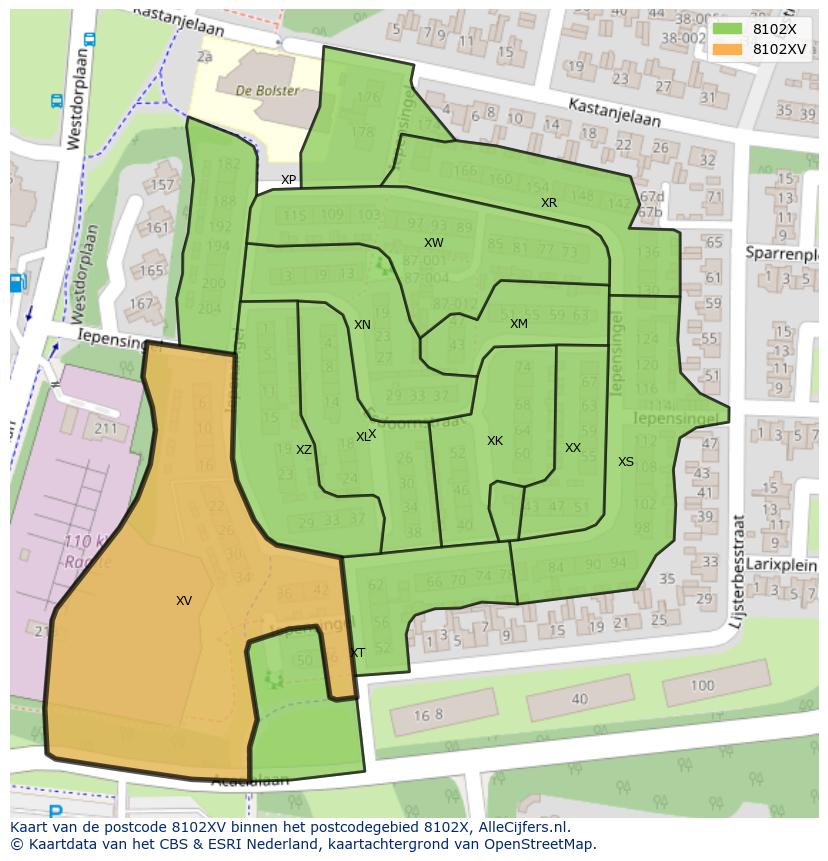 Afbeelding van het postcodegebied 8102 XV op de kaart.