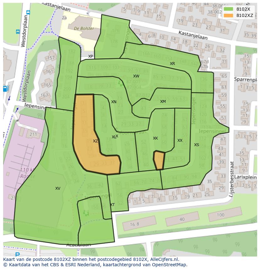 Afbeelding van het postcodegebied 8102 XZ op de kaart.