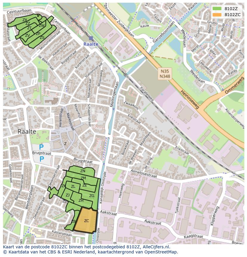 Afbeelding van het postcodegebied 8102 ZC op de kaart.