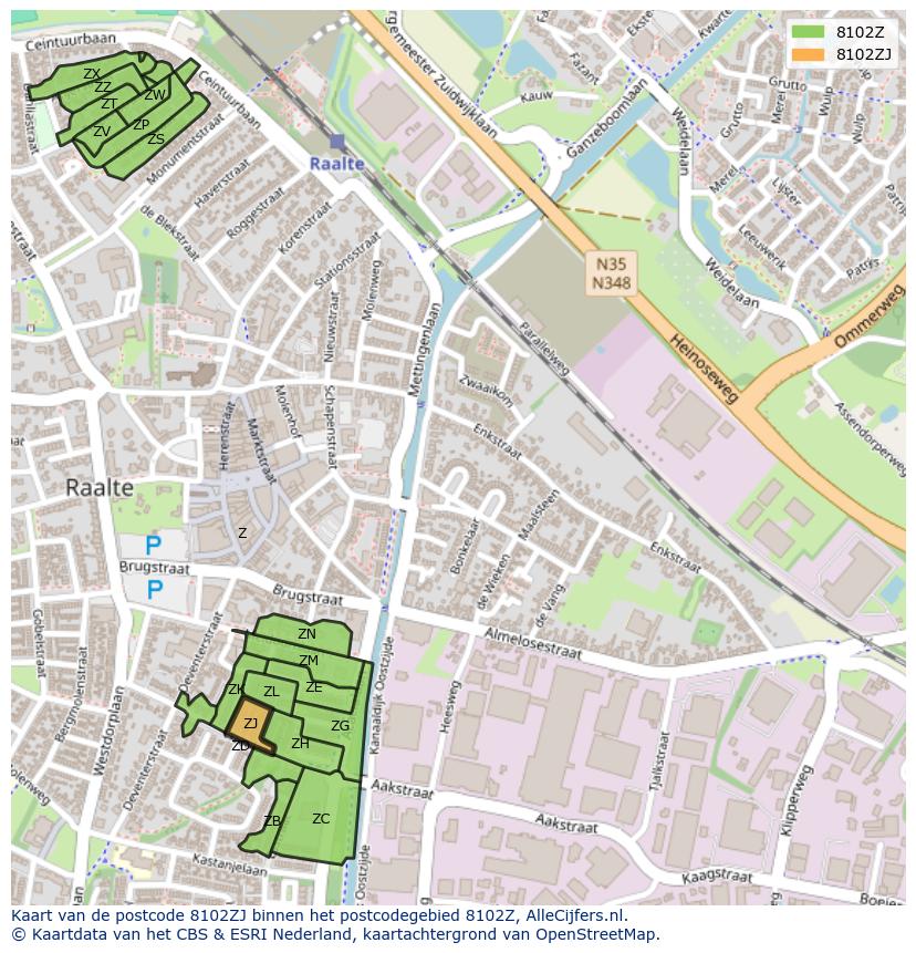 Afbeelding van het postcodegebied 8102 ZJ op de kaart.