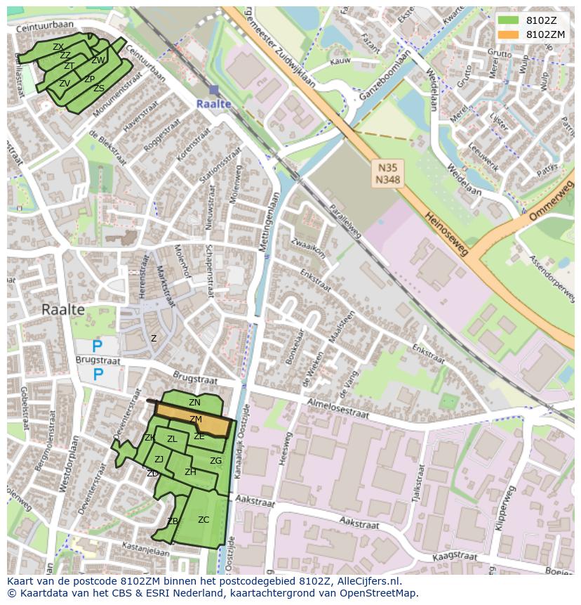 Afbeelding van het postcodegebied 8102 ZM op de kaart.