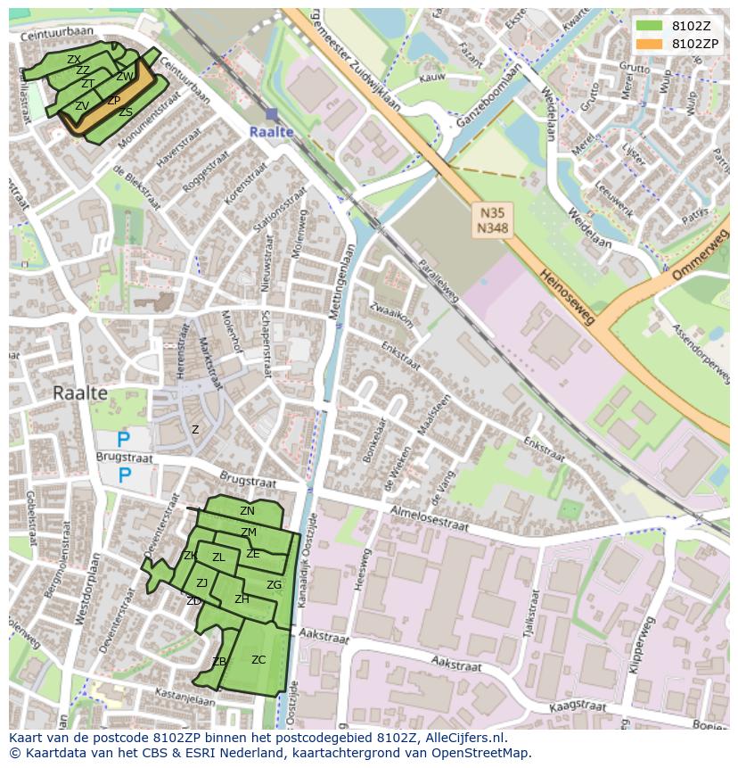 Afbeelding van het postcodegebied 8102 ZP op de kaart.