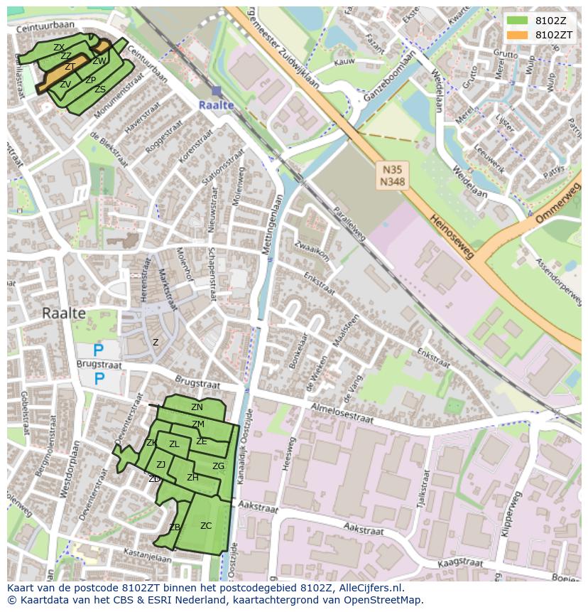 Afbeelding van het postcodegebied 8102 ZT op de kaart.