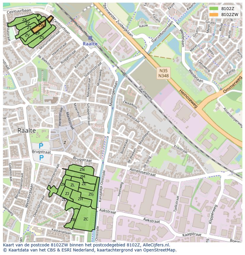 Afbeelding van het postcodegebied 8102 ZW op de kaart.