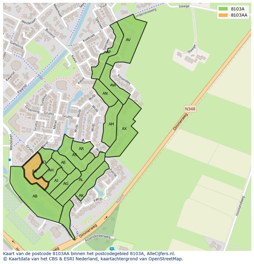 Afbeelding van het postcodegebied 8103 AA op de kaart.