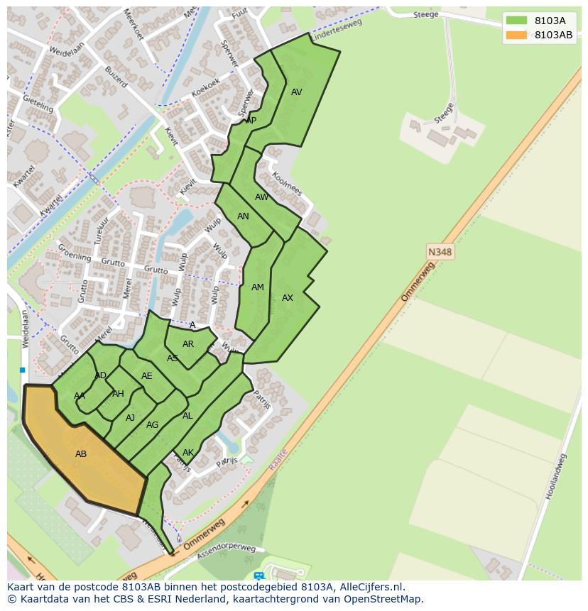 Afbeelding van het postcodegebied 8103 AB op de kaart.