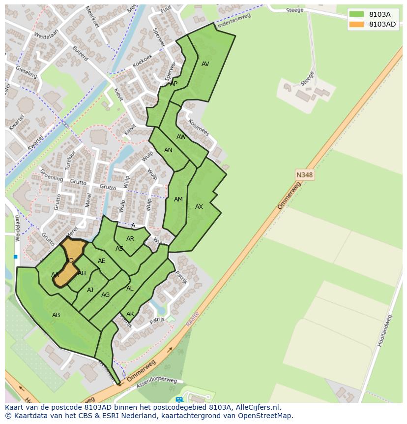 Afbeelding van het postcodegebied 8103 AD op de kaart.