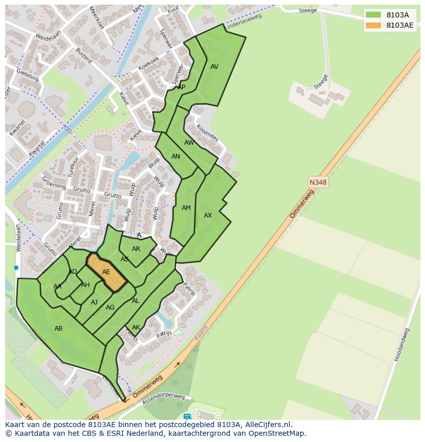 Afbeelding van het postcodegebied 8103 AE op de kaart.