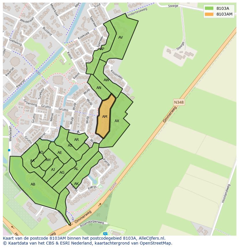 Afbeelding van het postcodegebied 8103 AM op de kaart.