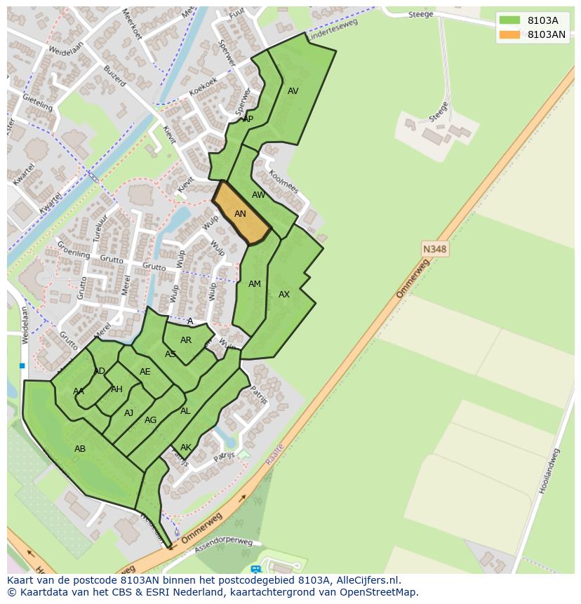 Afbeelding van het postcodegebied 8103 AN op de kaart.