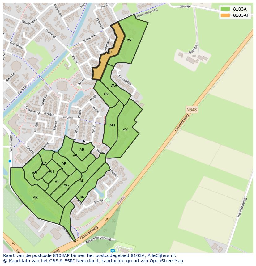 Afbeelding van het postcodegebied 8103 AP op de kaart.