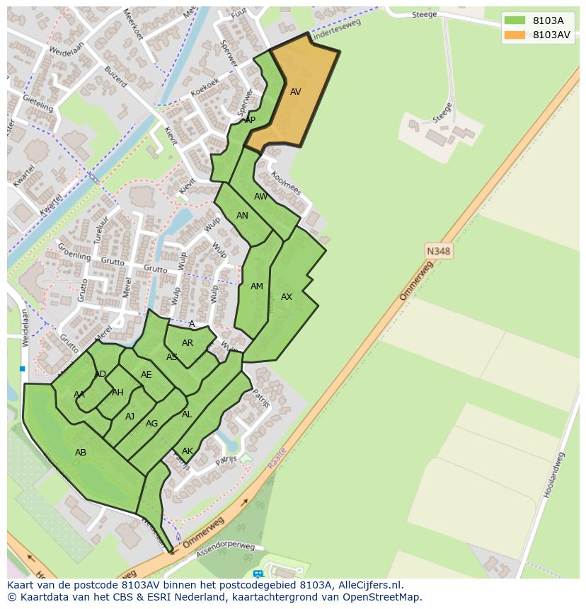 Afbeelding van het postcodegebied 8103 AV op de kaart.