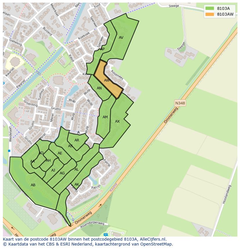 Afbeelding van het postcodegebied 8103 AW op de kaart.