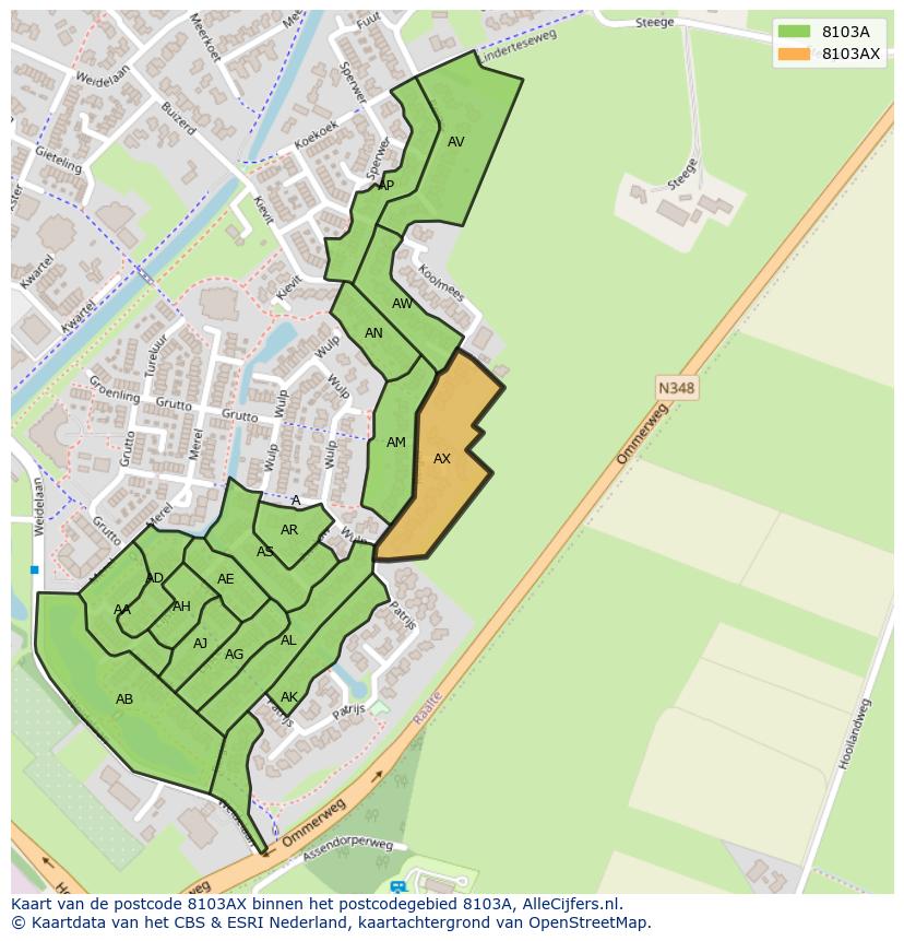 Afbeelding van het postcodegebied 8103 AX op de kaart.