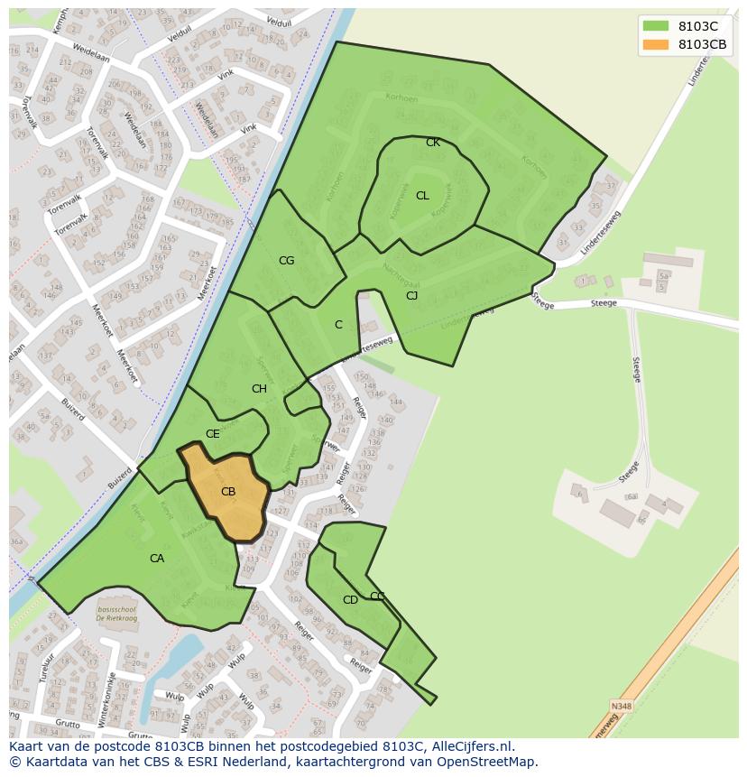 Afbeelding van het postcodegebied 8103 CB op de kaart.