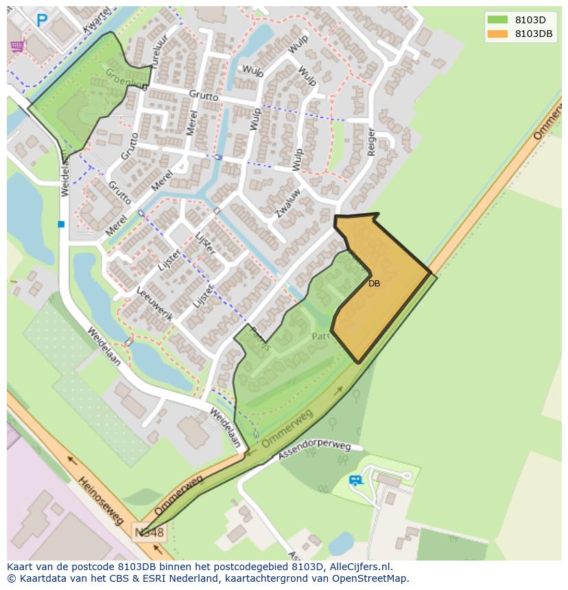 Afbeelding van het postcodegebied 8103 DB op de kaart.
