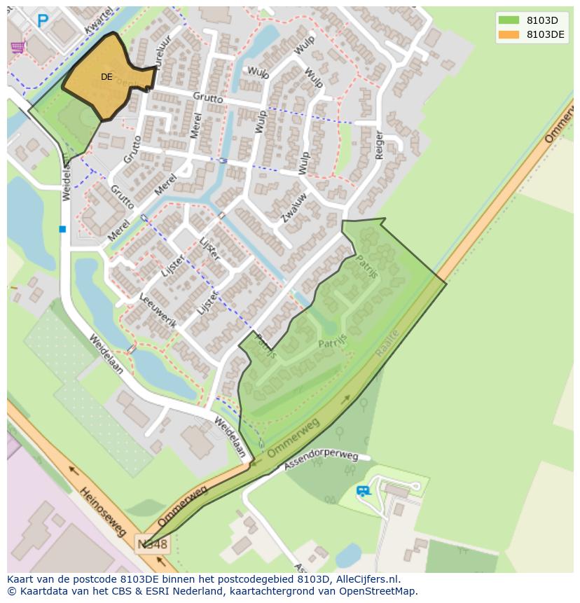 Afbeelding van het postcodegebied 8103 DE op de kaart.