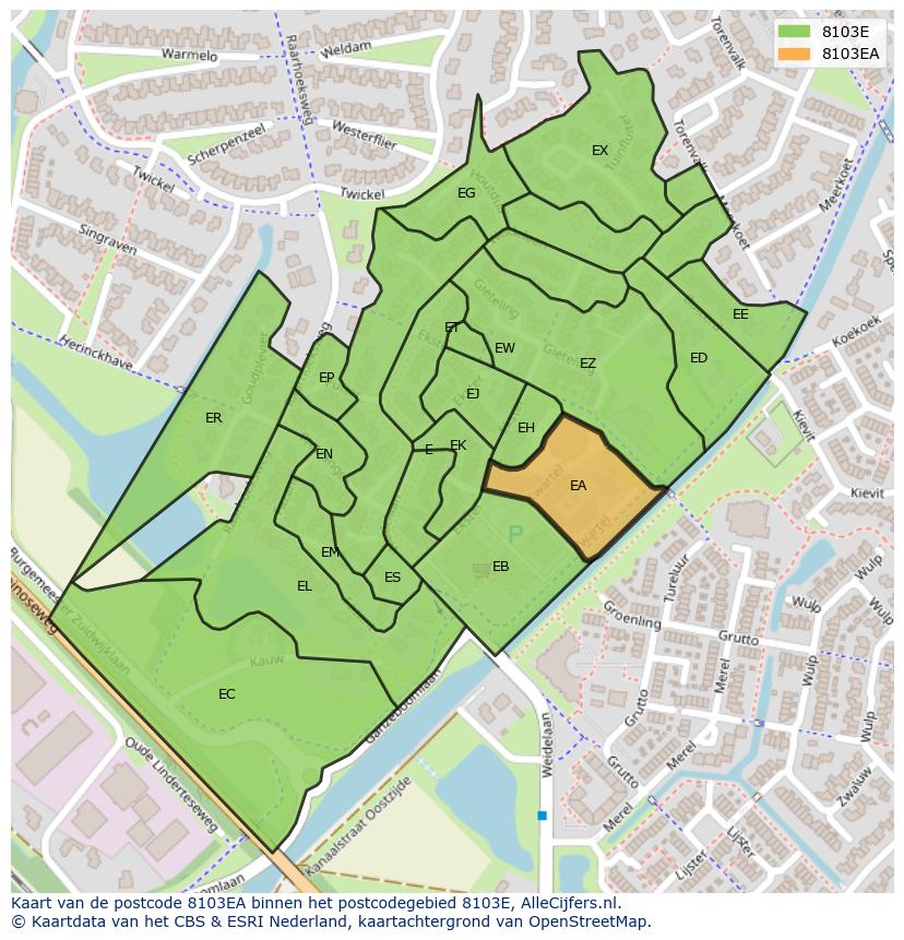 Afbeelding van het postcodegebied 8103 EA op de kaart.