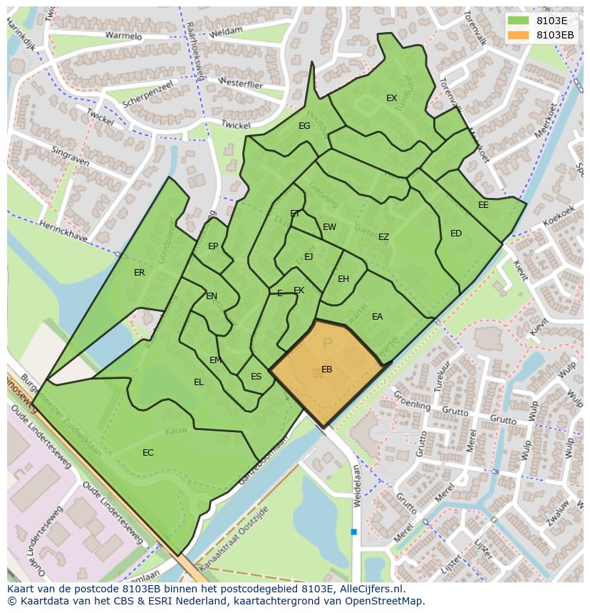 Afbeelding van het postcodegebied 8103 EB op de kaart.