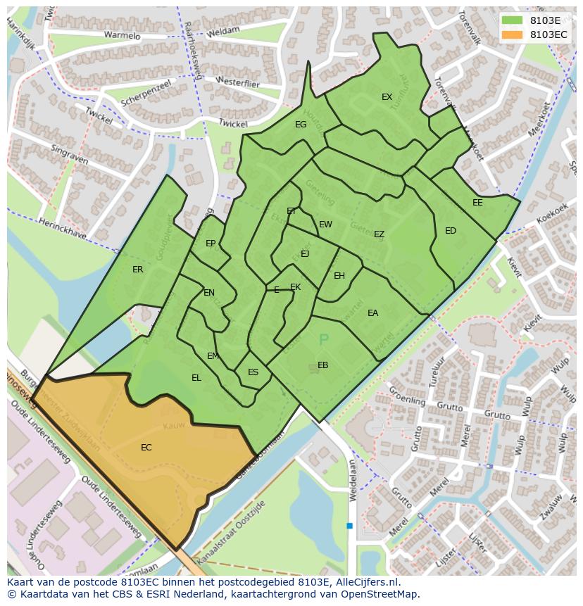 Afbeelding van het postcodegebied 8103 EC op de kaart.