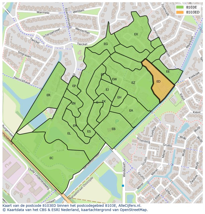 Afbeelding van het postcodegebied 8103 ED op de kaart.