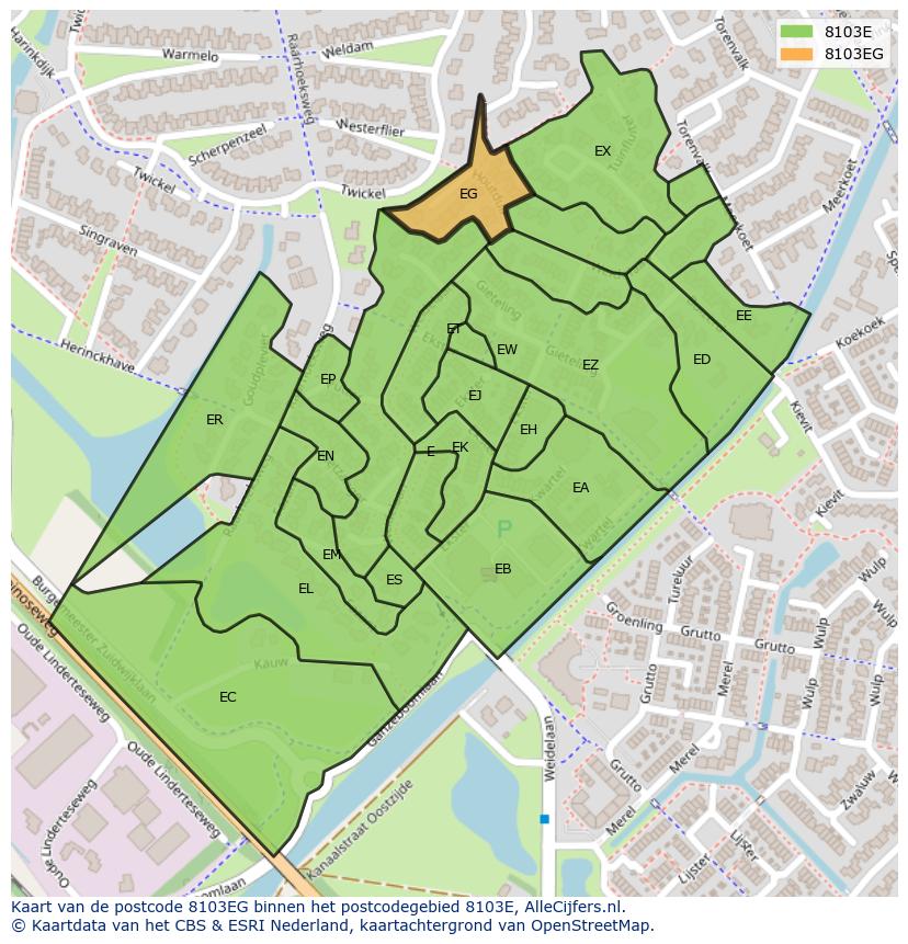 Afbeelding van het postcodegebied 8103 EG op de kaart.