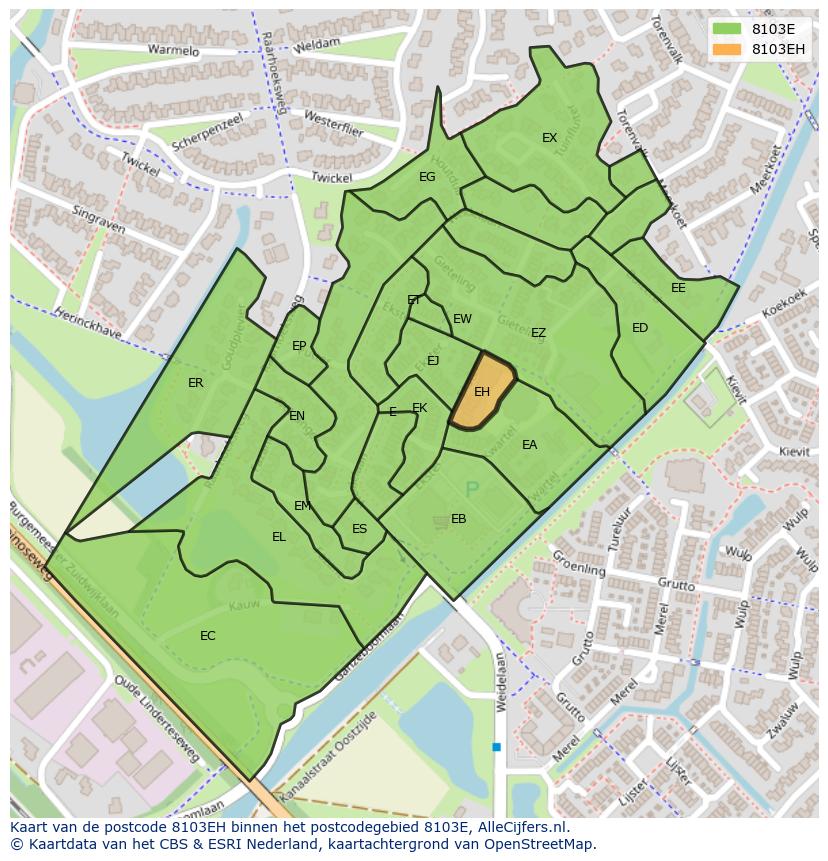 Afbeelding van het postcodegebied 8103 EH op de kaart.