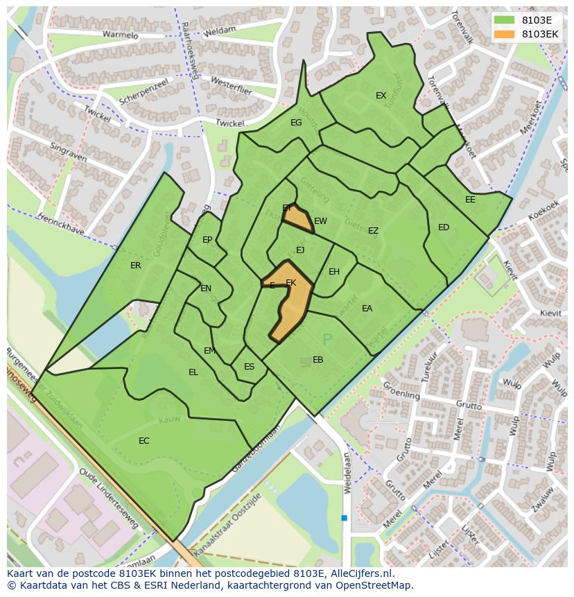 Afbeelding van het postcodegebied 8103 EK op de kaart.