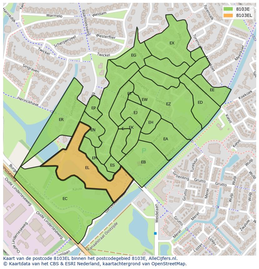 Afbeelding van het postcodegebied 8103 EL op de kaart.