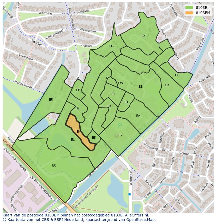 Afbeelding van het postcodegebied 8103 EM op de kaart.