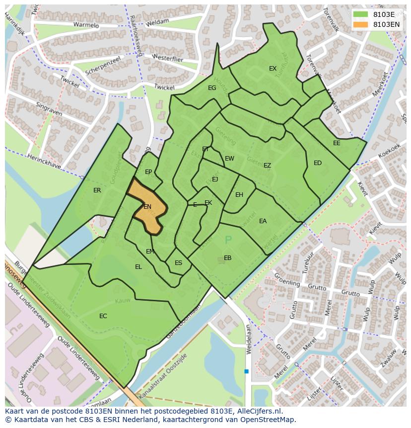 Afbeelding van het postcodegebied 8103 EN op de kaart.