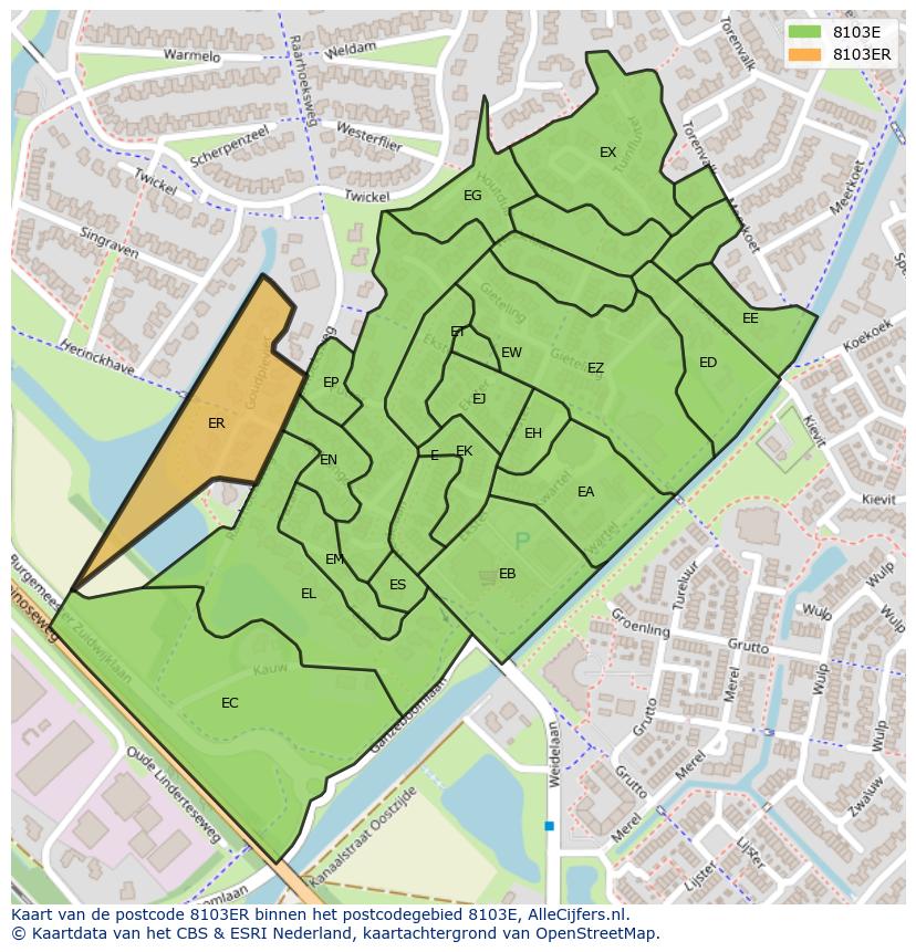 Afbeelding van het postcodegebied 8103 ER op de kaart.