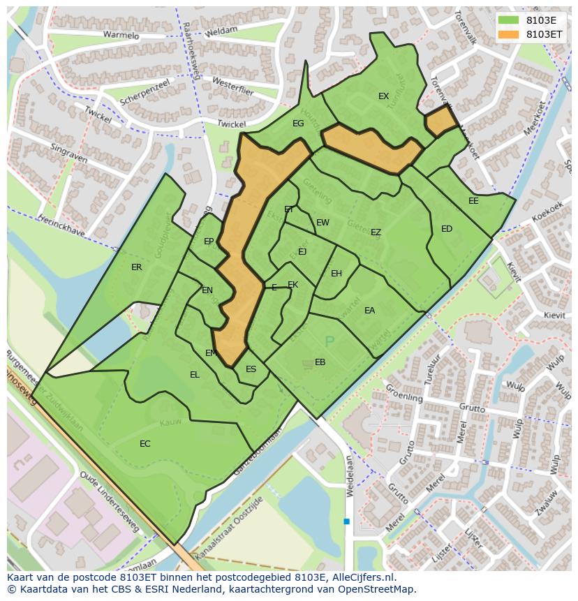 Afbeelding van het postcodegebied 8103 ET op de kaart.