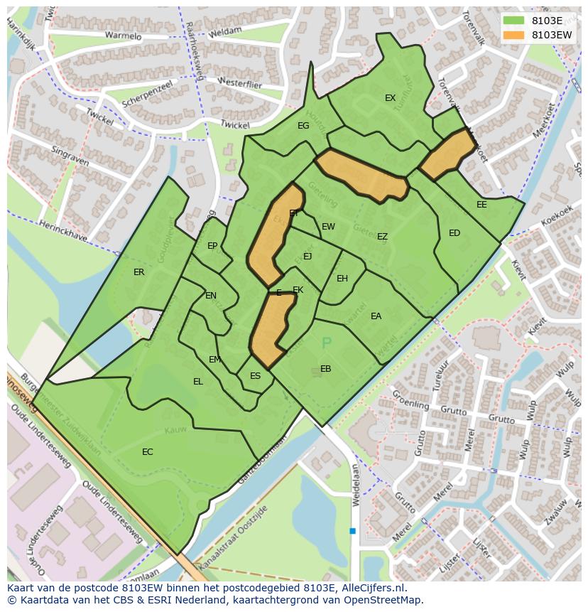 Afbeelding van het postcodegebied 8103 EW op de kaart.