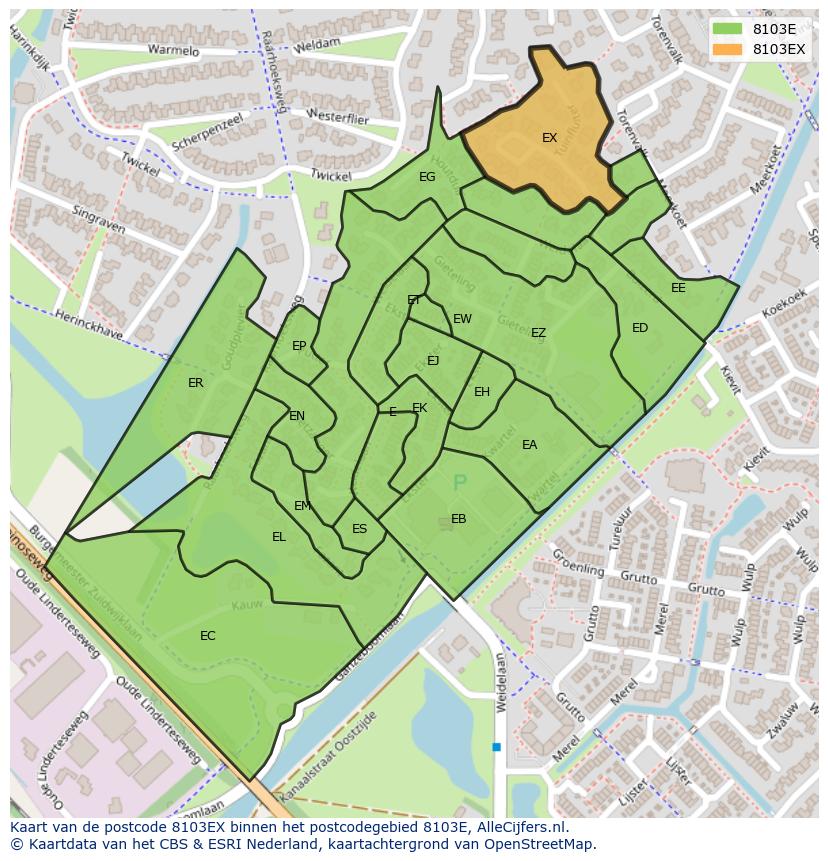 Afbeelding van het postcodegebied 8103 EX op de kaart.