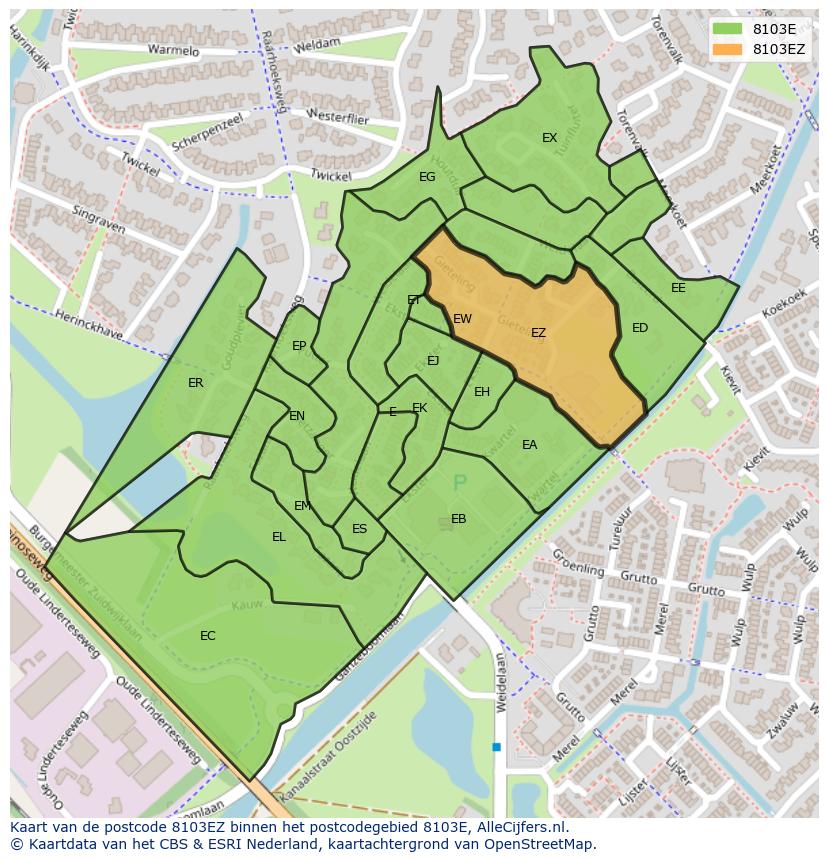 Afbeelding van het postcodegebied 8103 EZ op de kaart.
