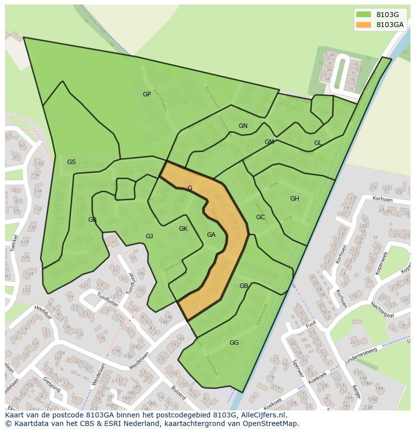 Afbeelding van het postcodegebied 8103 GA op de kaart.