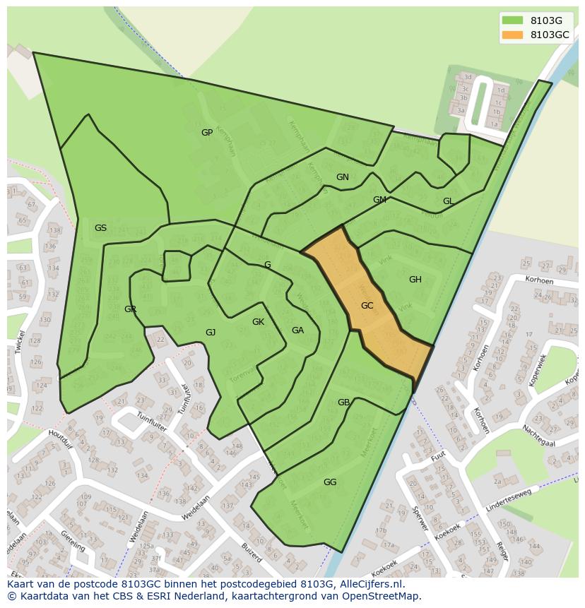 Afbeelding van het postcodegebied 8103 GC op de kaart.