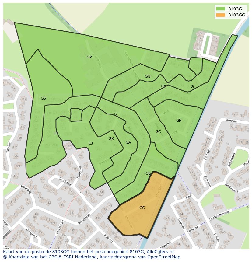 Afbeelding van het postcodegebied 8103 GG op de kaart.