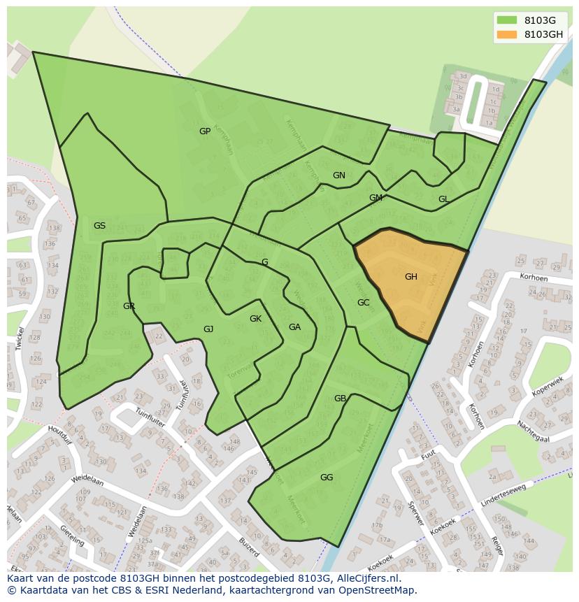 Afbeelding van het postcodegebied 8103 GH op de kaart.