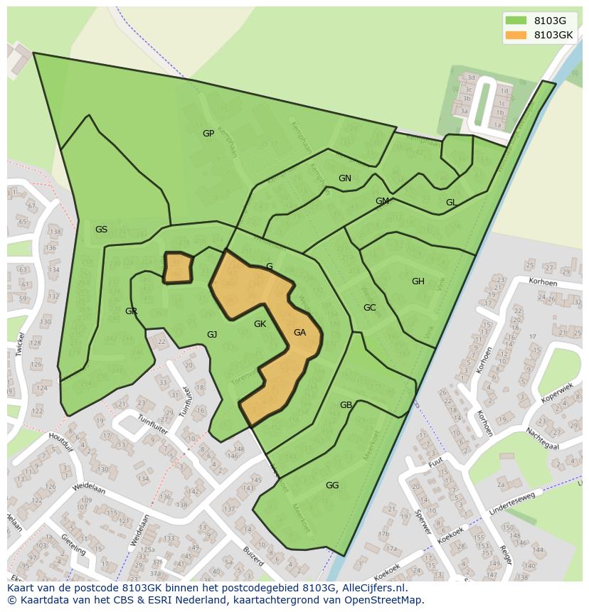 Afbeelding van het postcodegebied 8103 GK op de kaart.