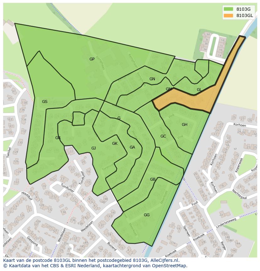 Afbeelding van het postcodegebied 8103 GL op de kaart.