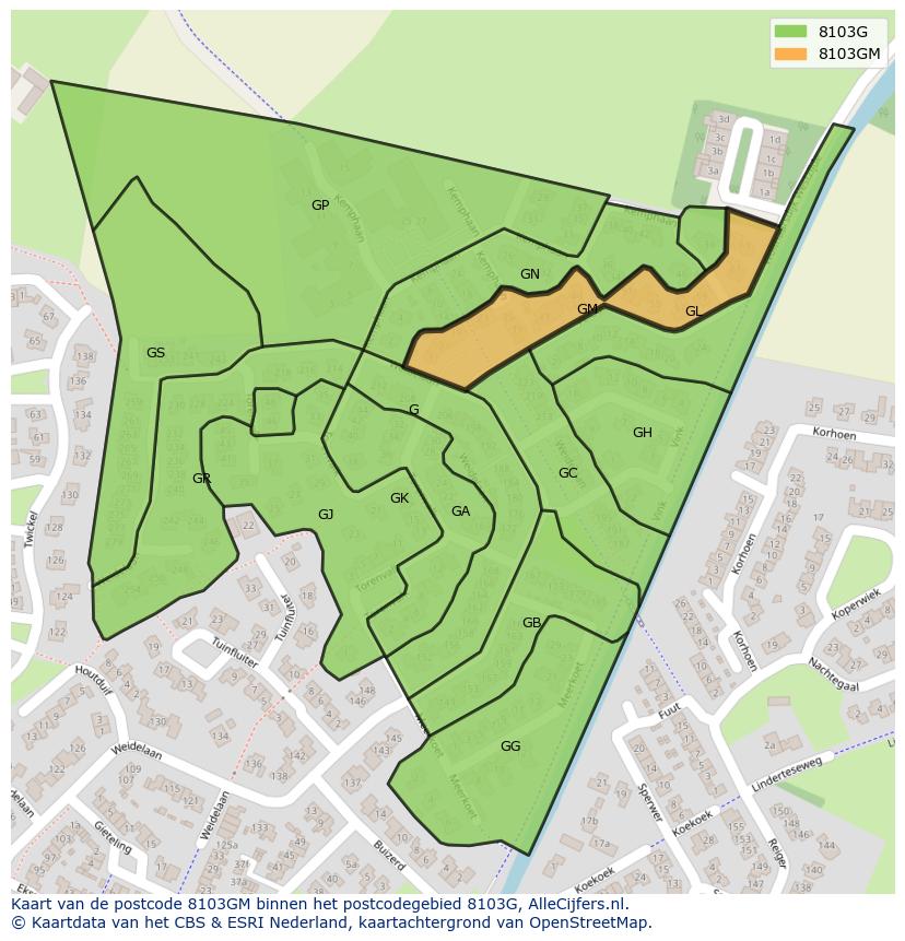 Afbeelding van het postcodegebied 8103 GM op de kaart.