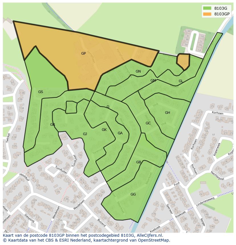 Afbeelding van het postcodegebied 8103 GP op de kaart.