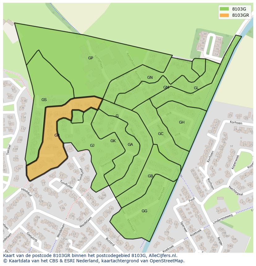 Afbeelding van het postcodegebied 8103 GR op de kaart.