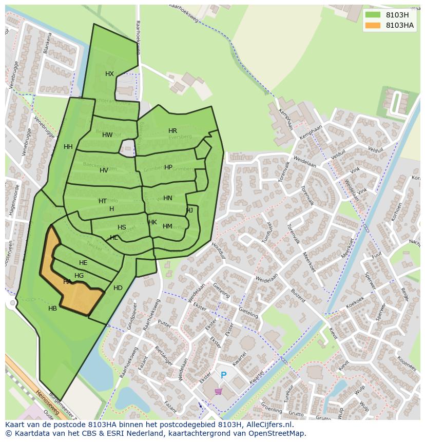 Afbeelding van het postcodegebied 8103 HA op de kaart.